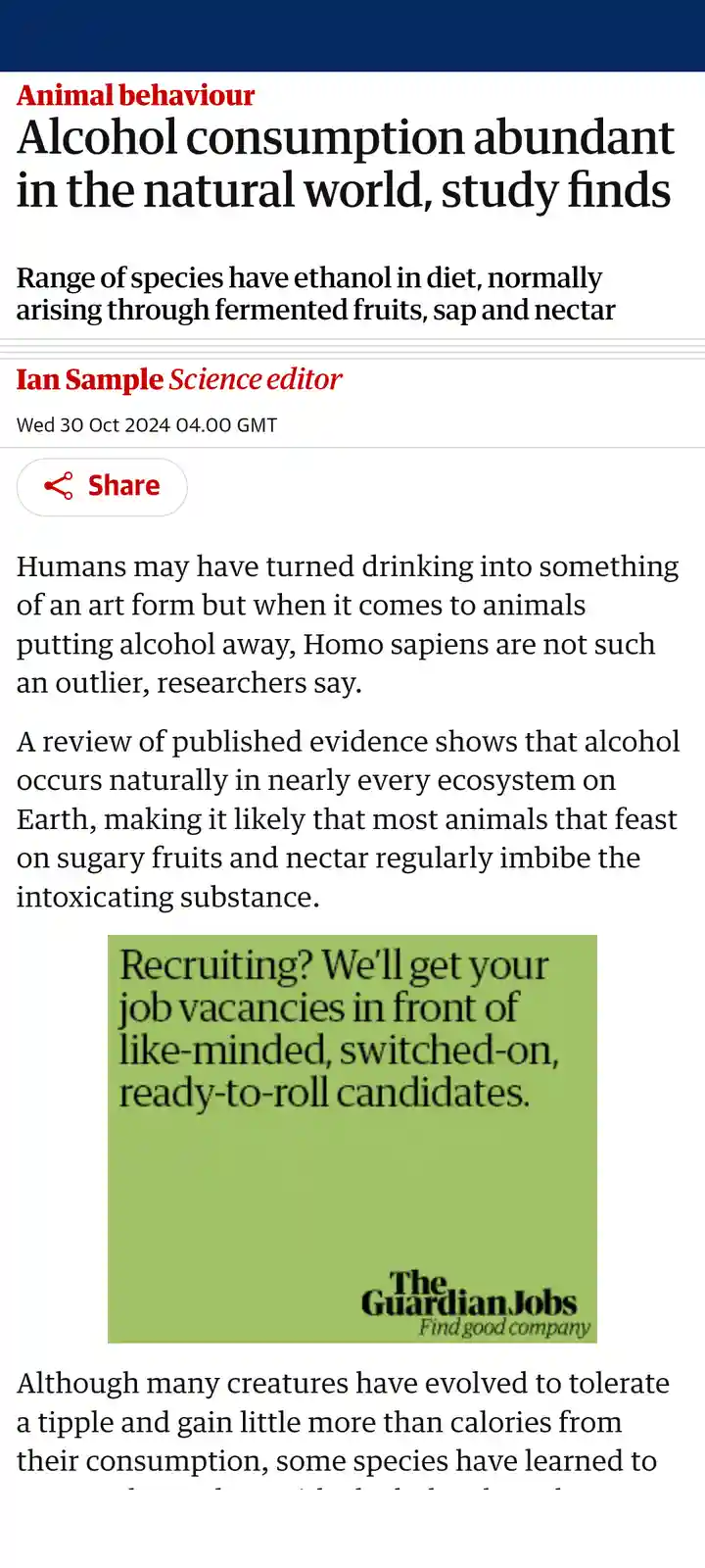 A screenshot of a Guardian article about animals consuming alcohol in nature is overlaid with a green job ad from The…