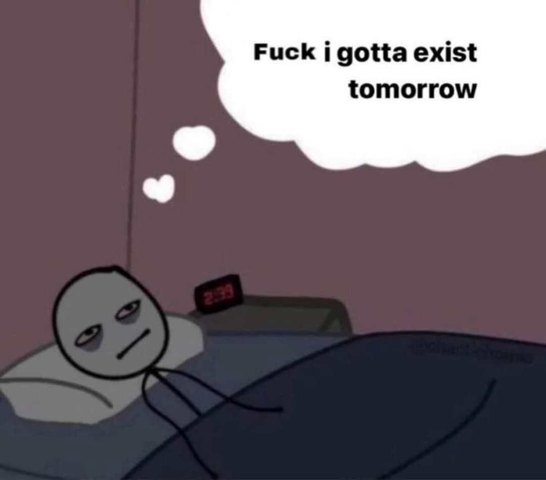 A cartoon person lies in bed under dark blankets, looking exhausted with droopy eyes, next to a digital alarm clock showing…