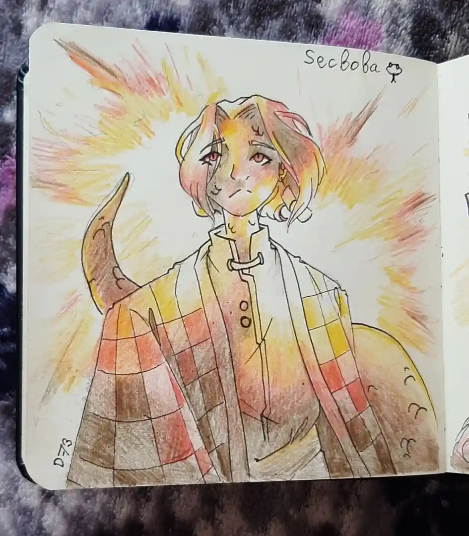 A hand-drawn sketch in a notebook shows a character with short, multi-toned hair, red eyes, and a single curved horn on…