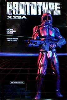 A retro-futuristic video game cover for 'RADTOOTHERE X29A' featuring a humanoid robot in metallic armor holding a futuristic…