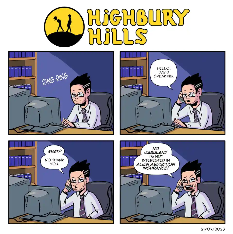 A four-panel comic strip shows a man in an office answering a phone call. He initially answers calmly, then becomes…