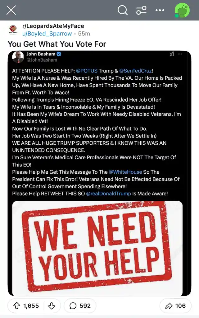 A screenshot of a tweet from John Basham, a self-identified Trump supporter and disabled veteran, pleading for help after…