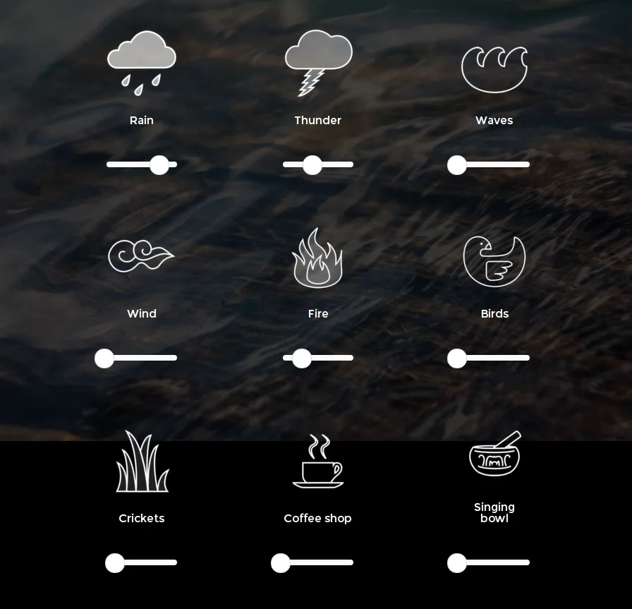 An image displays a user interface with nine sliders for adjusting environmental sounds, including rain, thunder, waves…