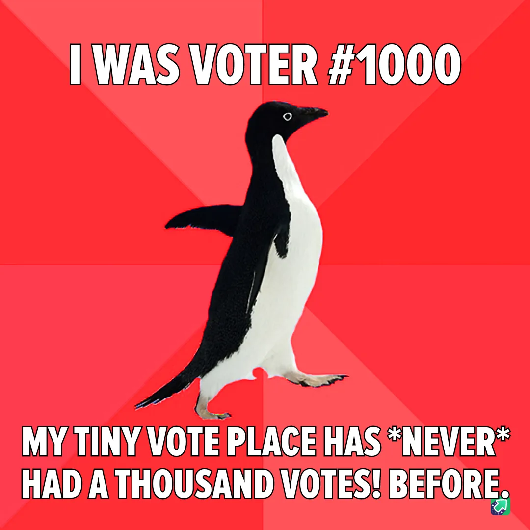 A black-and-white penguin stands against a red background with diagonal stripes. The text at the top reads 'I WAS VOTER…