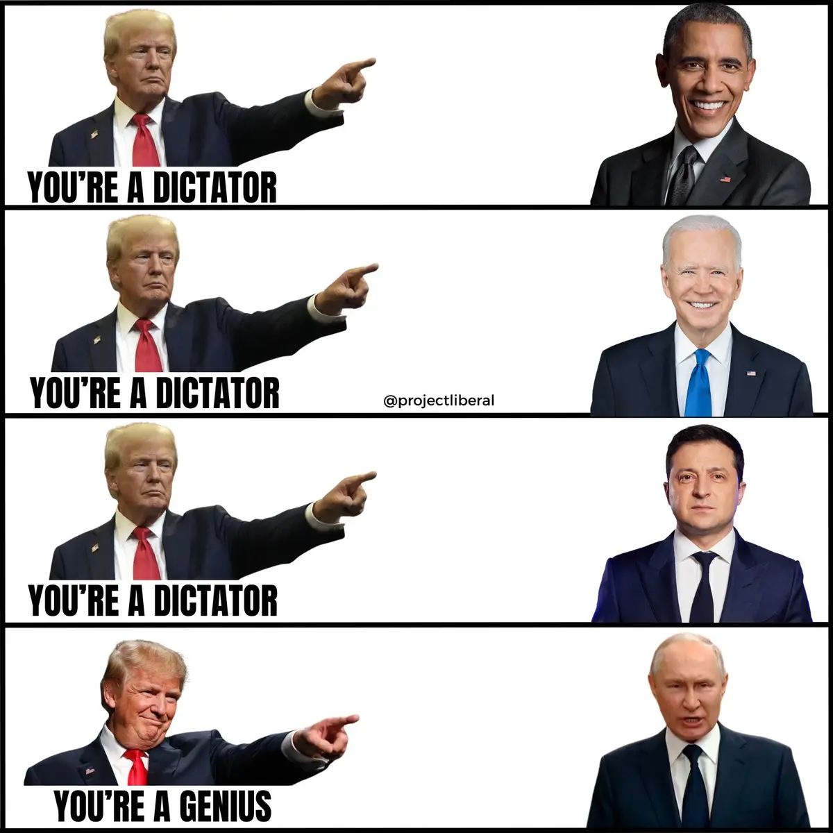 The image displays four panels, each featuring Donald Trump pointing at a different world leader. In the first three panels…