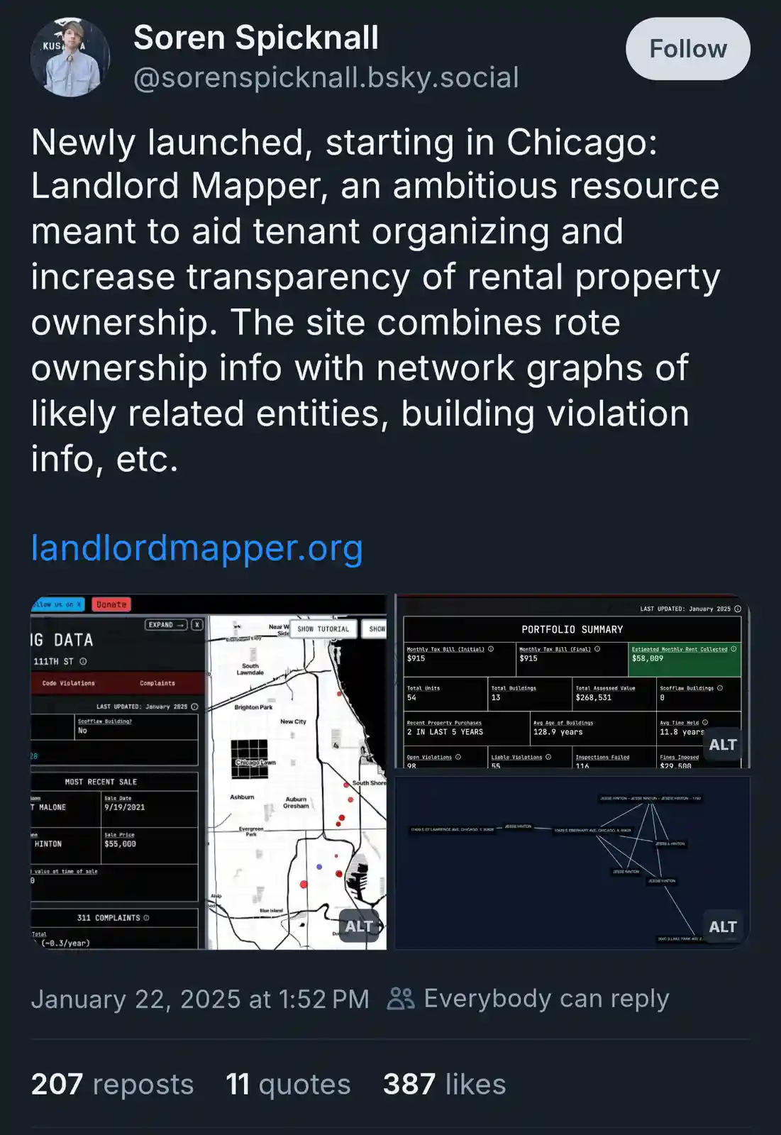 A social media post by Soren Spicknall announces 'Landlord Mapper,' a new tool for Chicago tenants. The post includes…