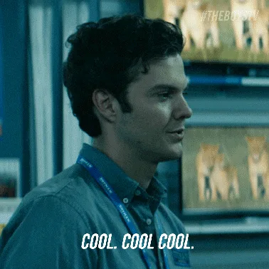 A six-panel grid shows a man in a blue shirt and lanyard, repeatedly saying 'cool. cool cool.' as his expression shifts from…