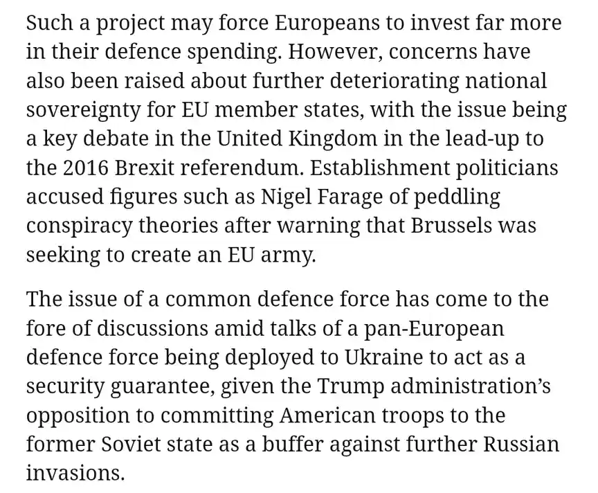 The image displays a block of black text on a white background, discussing European defense spending, national sovereignty…