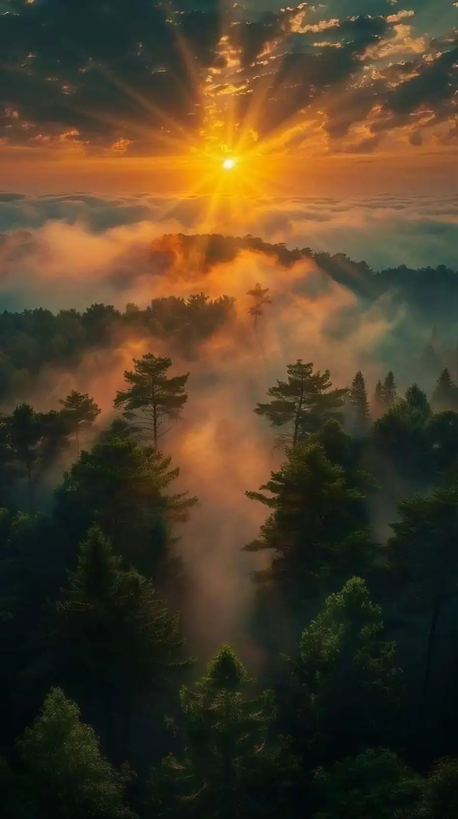 A breathtaking aerial view of a sunrise or sunset over a dense forest, with the sun radiating golden beams through dramatic…