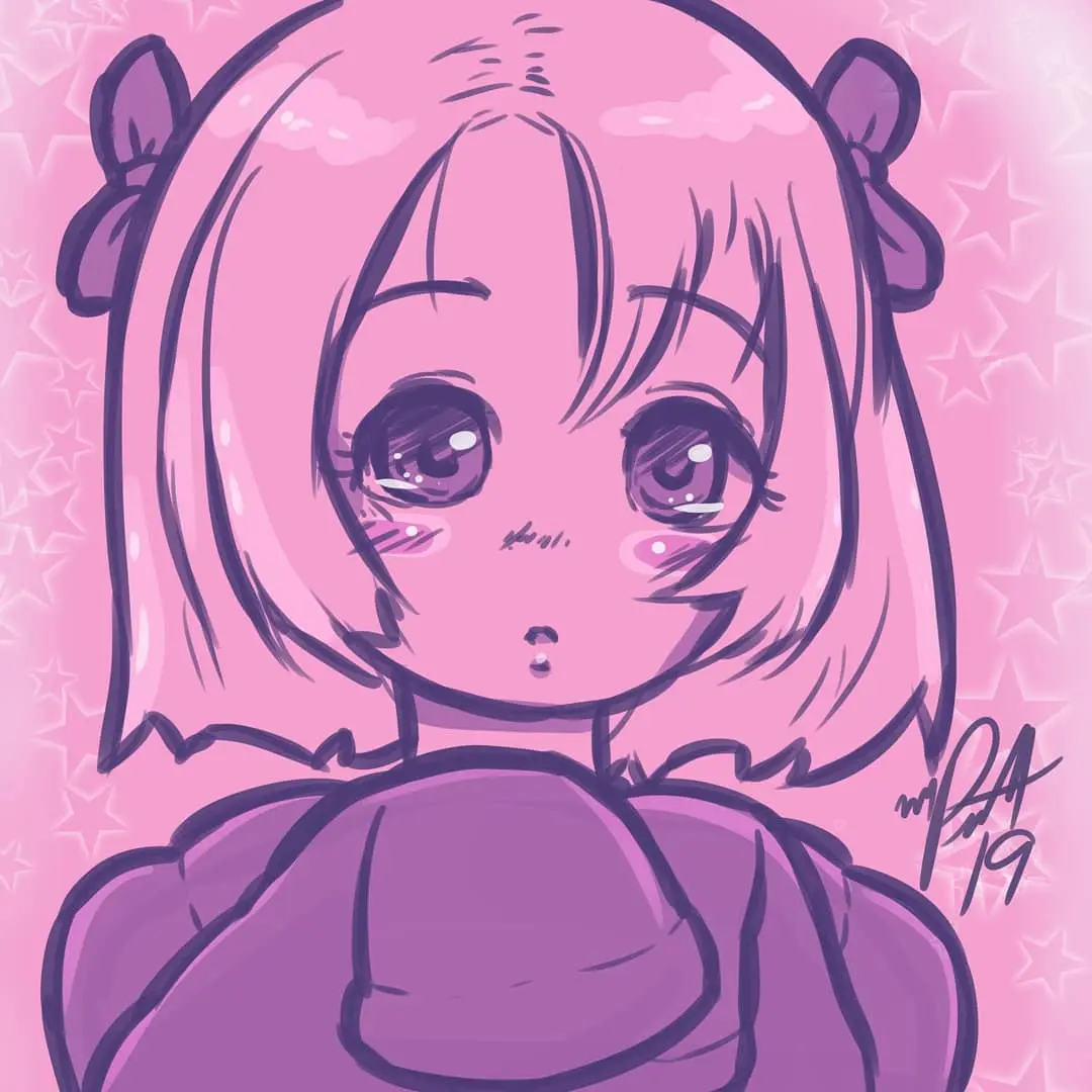 A pink-toned anime-style illustration of a young girl with large, teary eyes and a slightly open mouth, conveying a shy or…