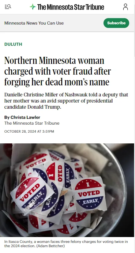 A screenshot of a Minnesota Star Tribune news article headline about a woman charged with voter fraud for using her deceased…