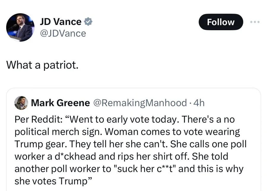 A screenshot of a Twitter thread shows JD Vance replying to a tweet from Mark Greene. Mark Greene's tweet recounts a story…