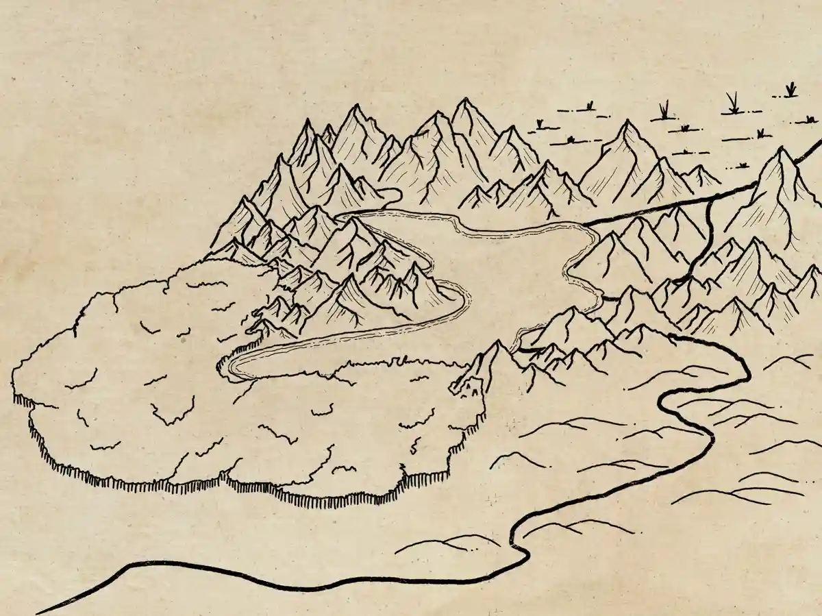 A hand-drawn, sepia-toned map depicts a large, irregularly shaped lake surrounded by jagged mountain ranges on all sides…