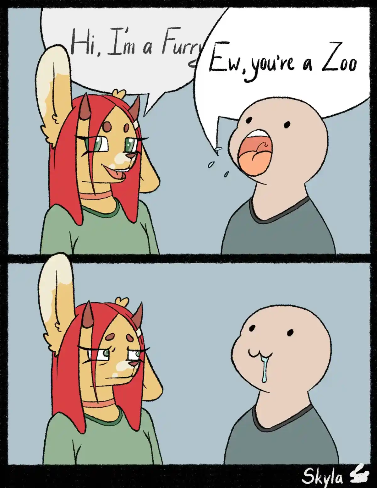 A two-panel comic shows a red-haired anthropomorphic fox with horns introducing herself as a 'Furry,' to which a bald…