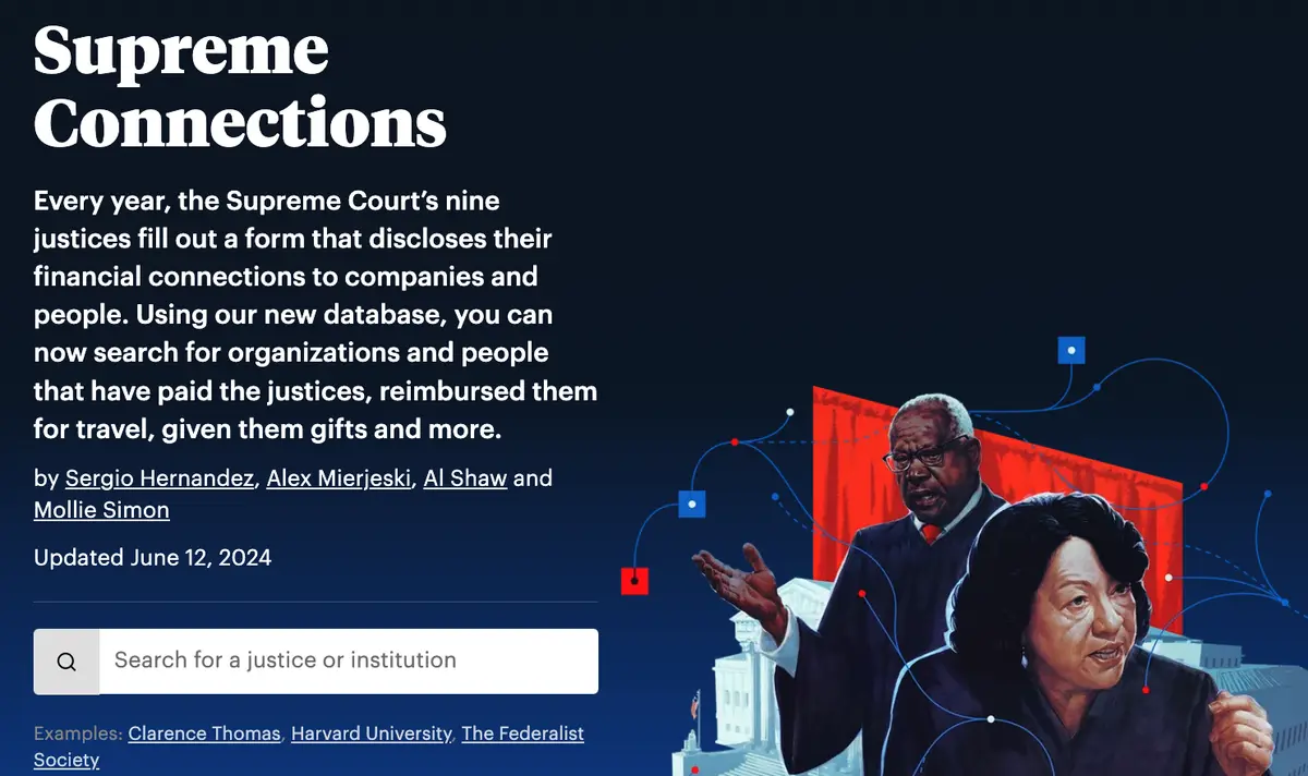 An article titled 'Supreme Connections' explains a database that tracks financial ties between Supreme Court justices and…