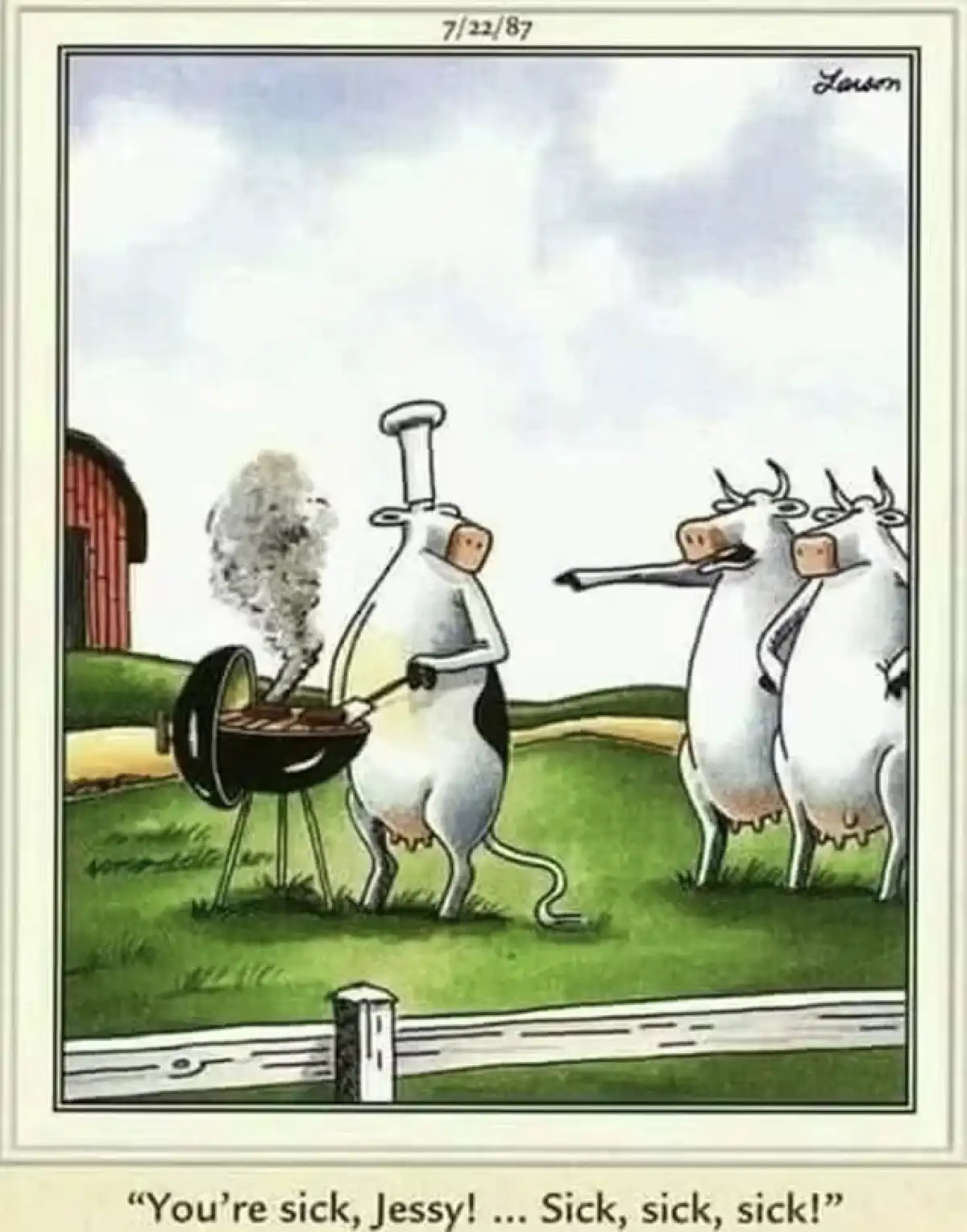 A cartoon depicts a cow wearing a chef's hat and tending to a smoking barbecue grill in a grassy field with a red barn in…