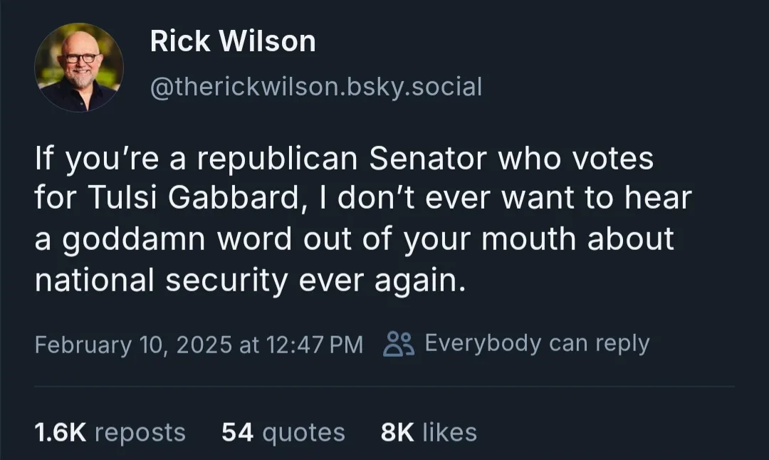 A screenshot of a social media post by Rick Wilson showing his profile picture, username, and a bold statement about…