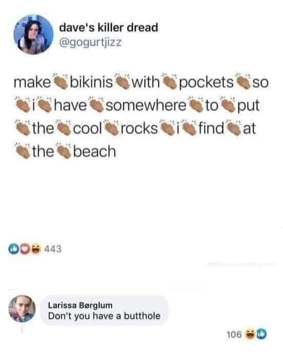 A screenshot of a Twitter/X thread shows a user named 'dave's killer dread' (@gogurtjizz) suggesting making bikinis with…