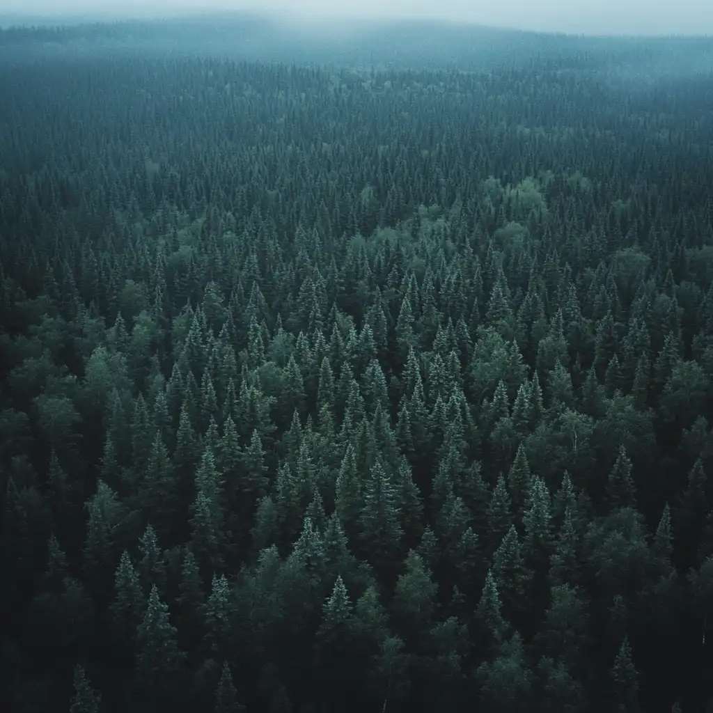 An aerial view of a vast, misty, dark green forest with dense pine trees stretching to the horizon. Overlaid white text…