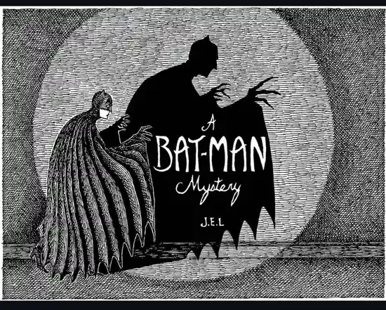 A vintage black-and-white illustration shows Batman in his classic cape and cowl, standing before a large, ominous shadow of…
