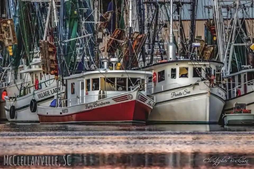 A photograph of several fishing boats docked in a harbor, with the central boat named 'Lady Barbara' prominently featured…