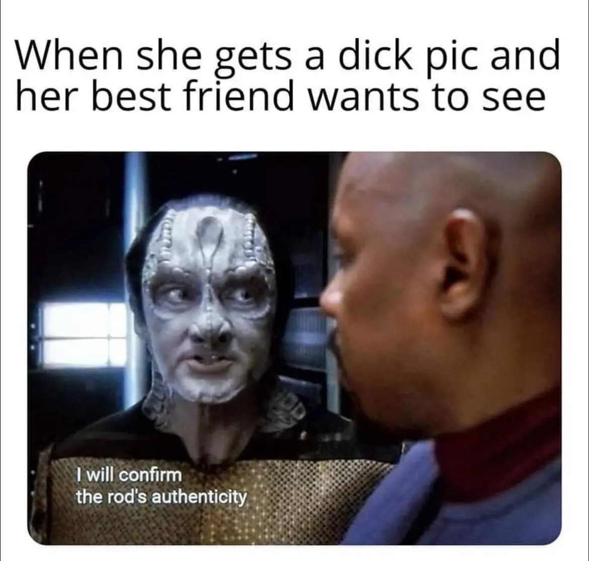 The image shows a Vulcan character from Star Trek looking horrified while facing another character. The text at the top…