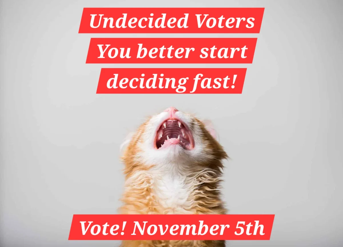 An orange and white cat with its mouth wide open in a yowl, set against a plain gray background. Red banners with white text…