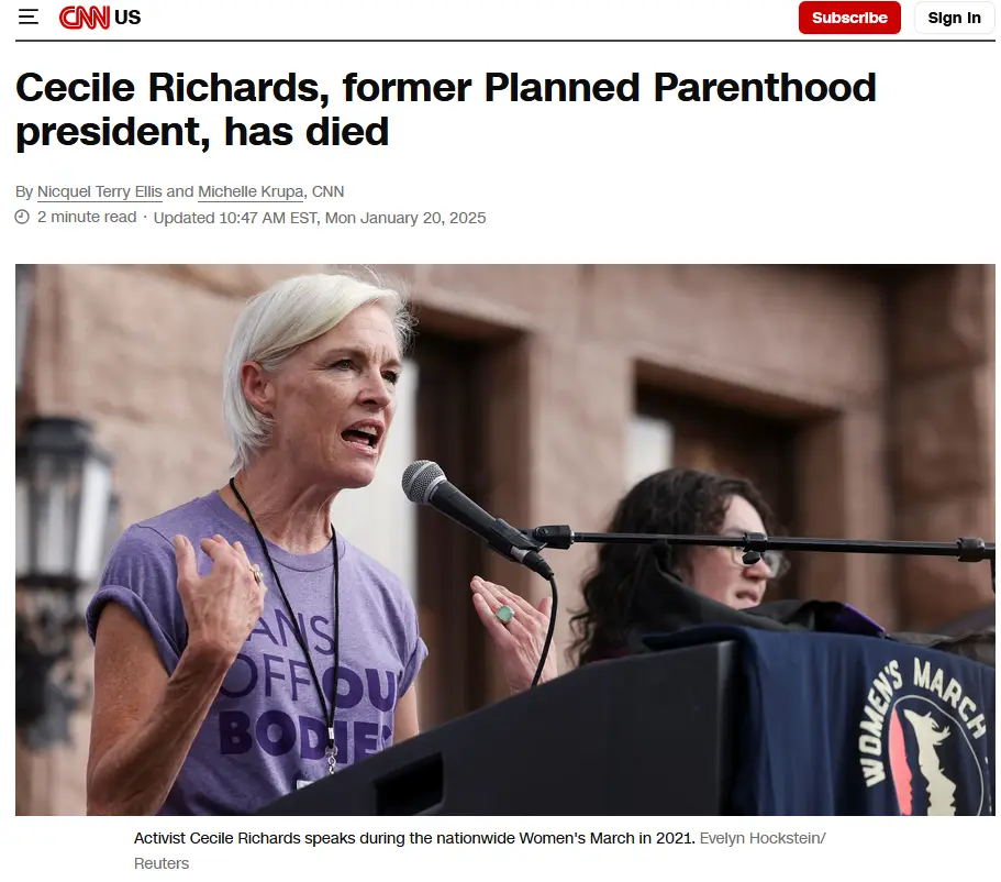 A screenshot of a CNN news article about Cecile Richards' death, showing her speaking passionately at a Women's March podium…