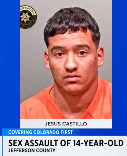 A mugshot of a young man in an orange jail jumpsuit, identified as Jesus Castillo, with a sheriff's office seal in the top…
