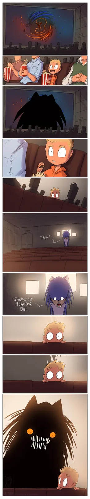 A comic strip shows a young boy watching a movie in a theater, initially excited as the countdown to a scene begins. The…