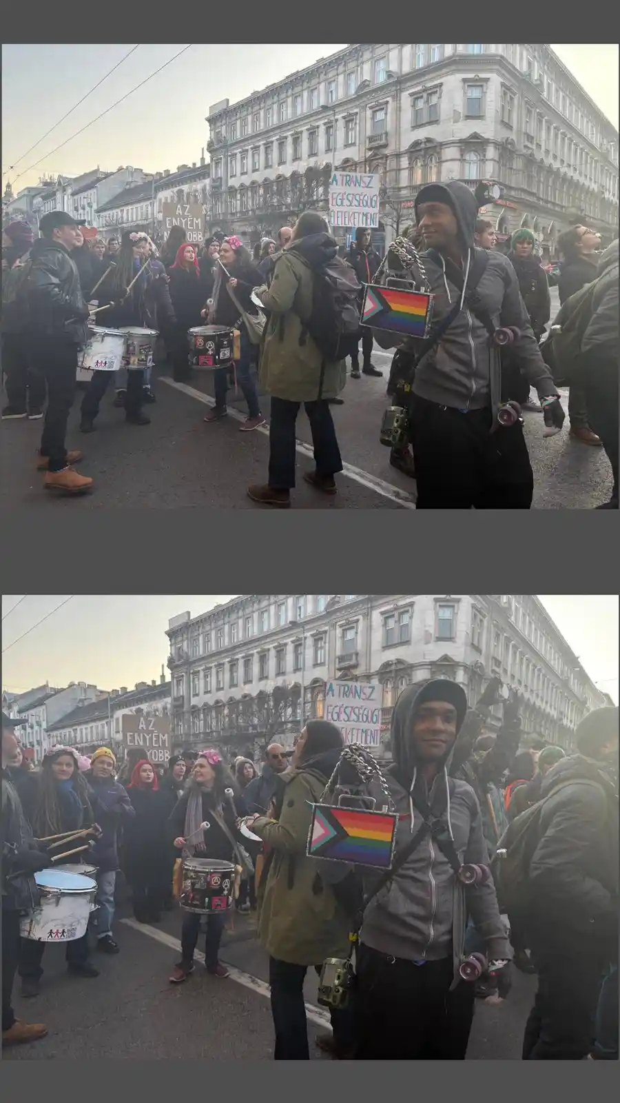 Two photos show a person at a street protest, wearing a grey hoodie and carrying a rainbow flag purse and a skateboard. In…