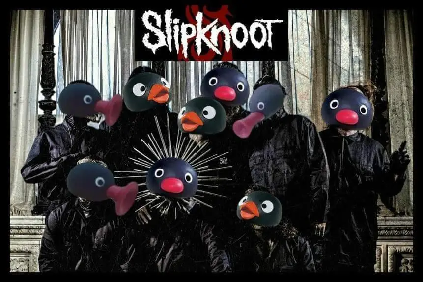The image shows the band Slipknot with their faces replaced by cartoonish black bird heads with orange beaks and red…