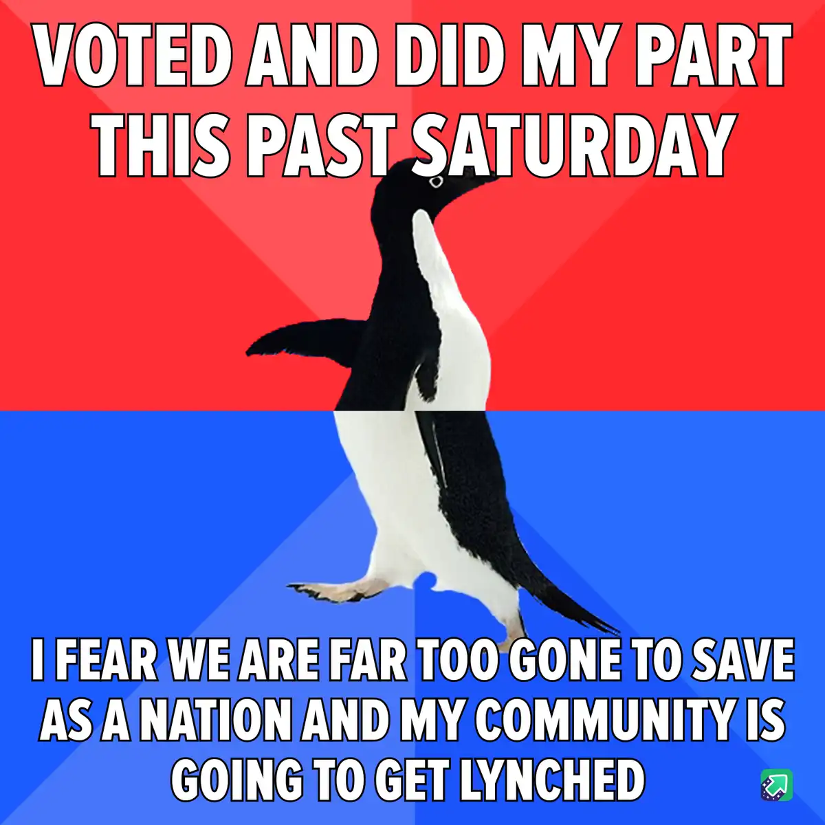 A penguin stands upright against a red and blue background, with bold white text overlaid. The top text reads 'VOTED AND DID…
