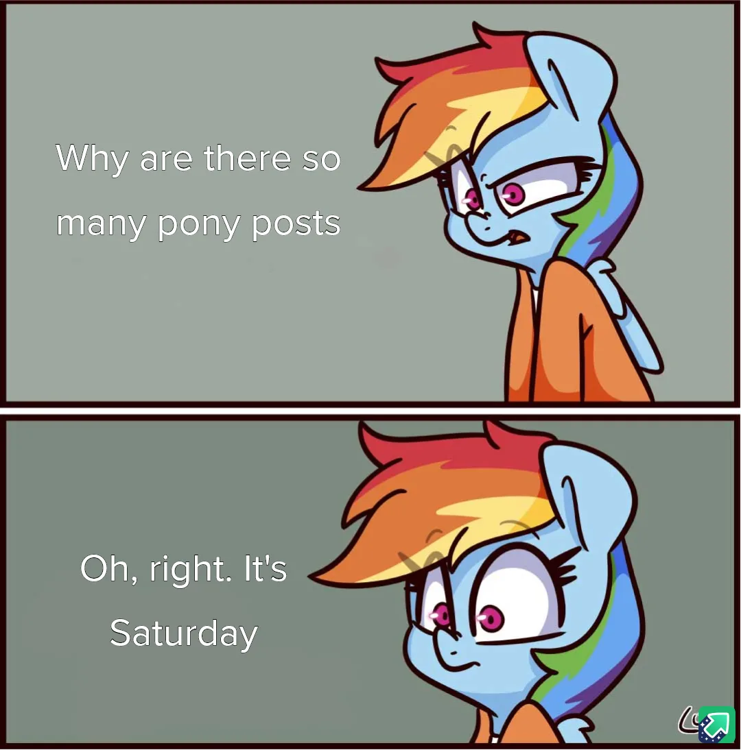 A two-panel meme featuring the character Rainbow Dash from My Little Pony. In the top panel, she looks annoyed and asks…