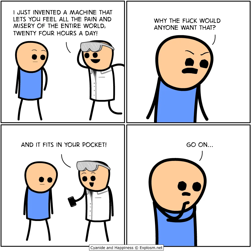 A four-panel comic strip from Cyanide and Happiness shows a scientist excitedly telling a friend he invented a machine that…