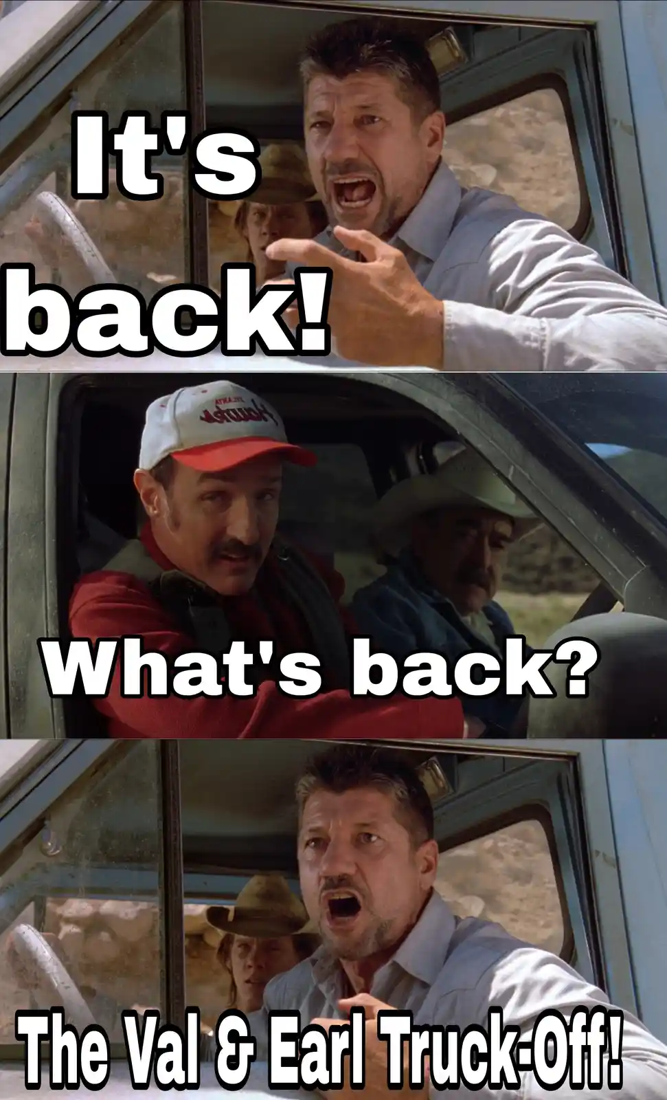 This three-panel meme features a scene from the movie 'The Road Warrior' (Mad Max 2). In the top panel, a man in a light…