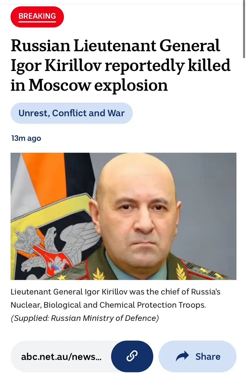 A screenshot of a news article from abc.net.au shows a breaking news headline about Russian Lieutenant General Igor Kirillov…