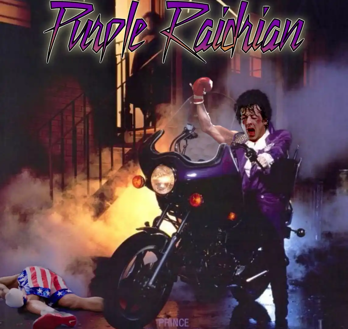 A man in a purple suit and boxing gloves rides a purple motorcycle, yelling triumphantly as smoke billows around him. A…
