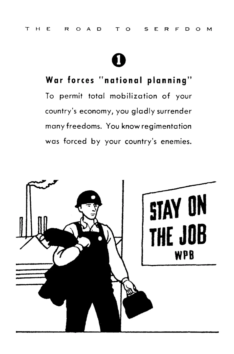 A black-and-white propaganda-style illustration shows a worker in overalls and a helmet carrying a bag, standing near a sign…
