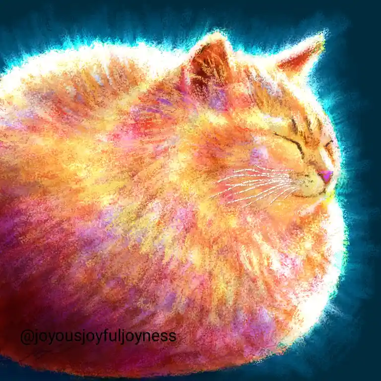 A stylized digital artwork of a fluffy orange cat curled up and sleeping peacefully, rendered with vibrant, glowing pastel…