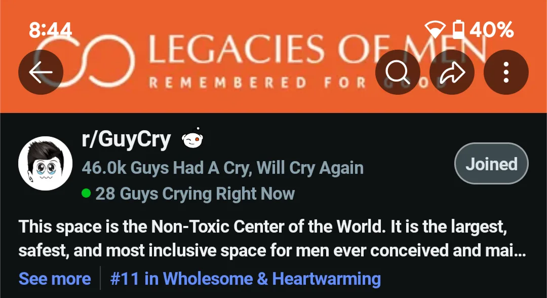 Proud to be recognized as one of the top 100 innovators of 2024, with my subreddit dedicated to helping men find hope at #11 on the wholesome list! Here we go! [6 images]