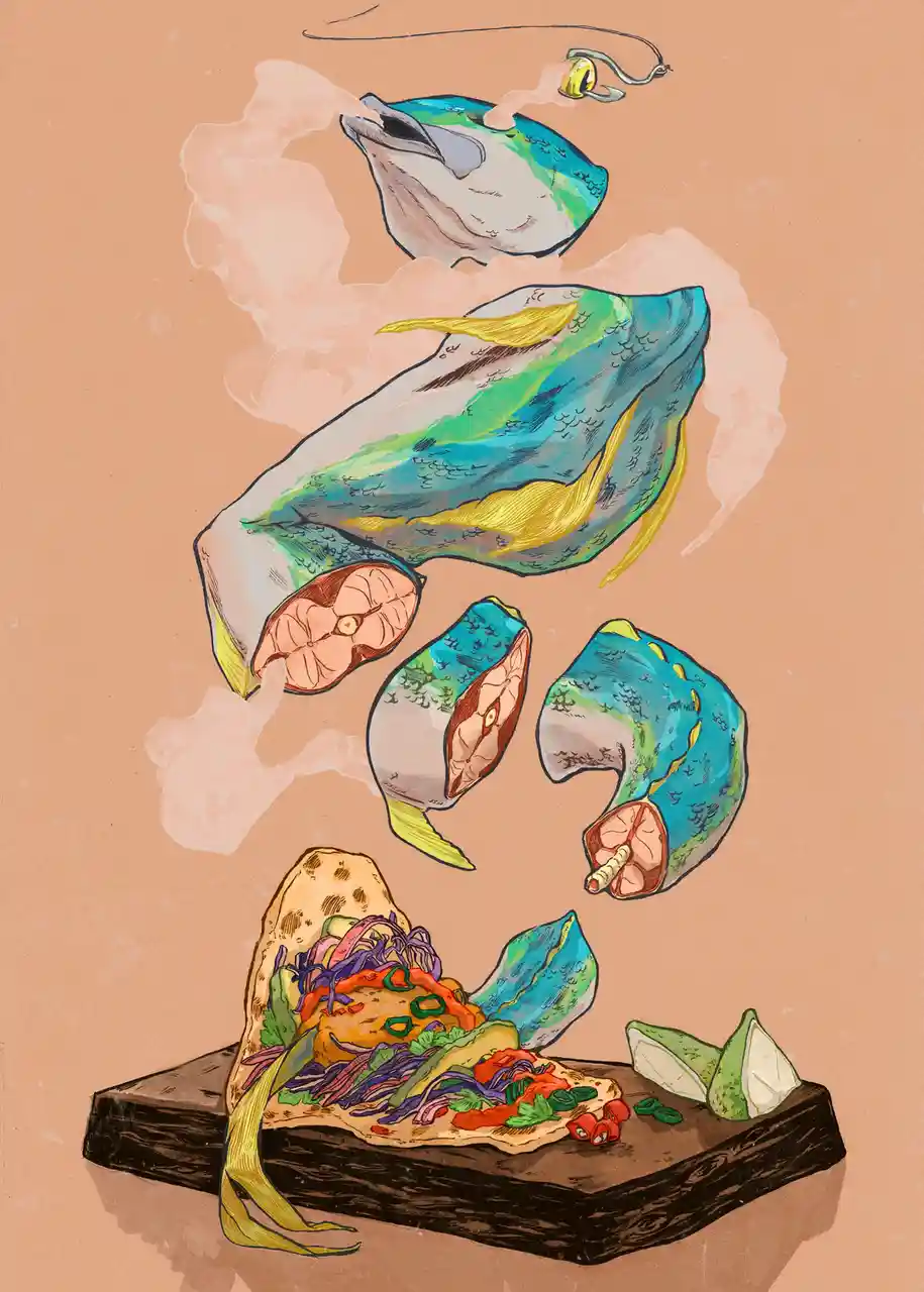 An illustrated image shows a whole fish being pulled from the water by a fishing line, then disassembled into pieces that…