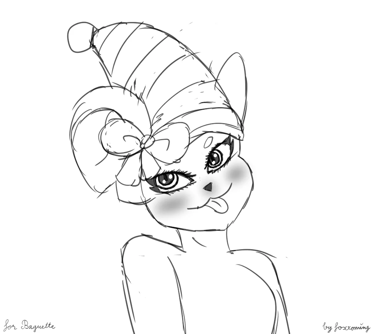 A black-and-white line drawing of an anime-style cat girl with large eyes, blushing cheeks, and a playful tongue sticking…