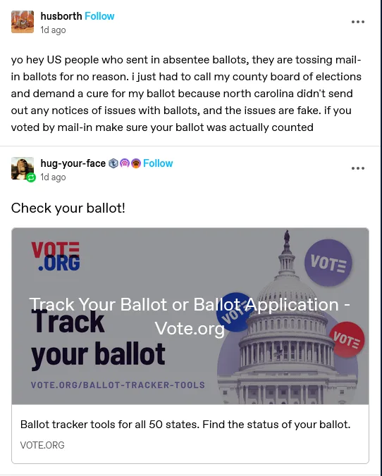 A screenshot of a social media post where a user named 'husborth' warns US voters about absentee ballots being tossed…
