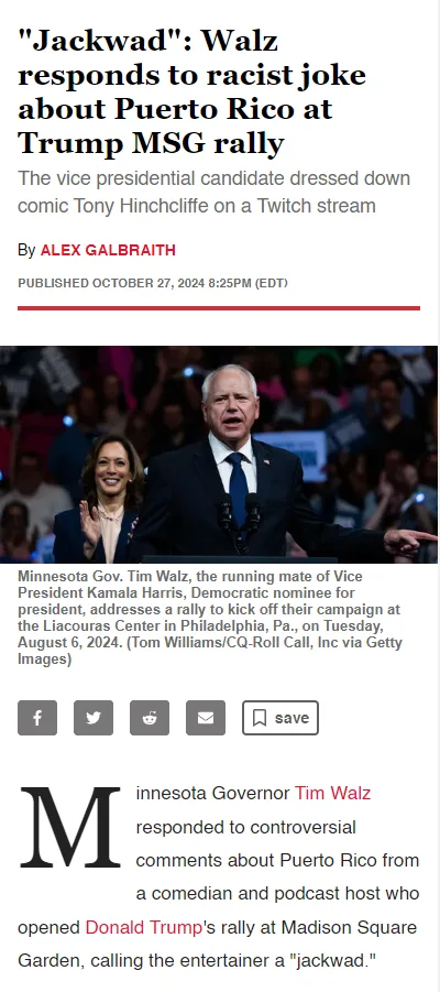 A screenshot of a news article shows Minnesota Governor Tim Walz speaking at a rally, with Kamala Harris beside him. The…