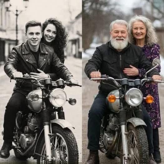 A side-by-side black-and-white photo shows a young couple smiling while riding a motorcycle, juxtaposed with an older…