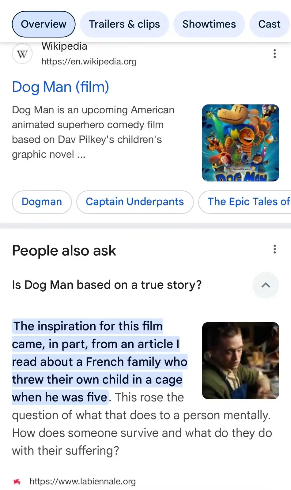 A screenshot of a Wikipedia page for 'Dog Man (film)' shows a highlighted text snippet from a 'People also ask' section. The…