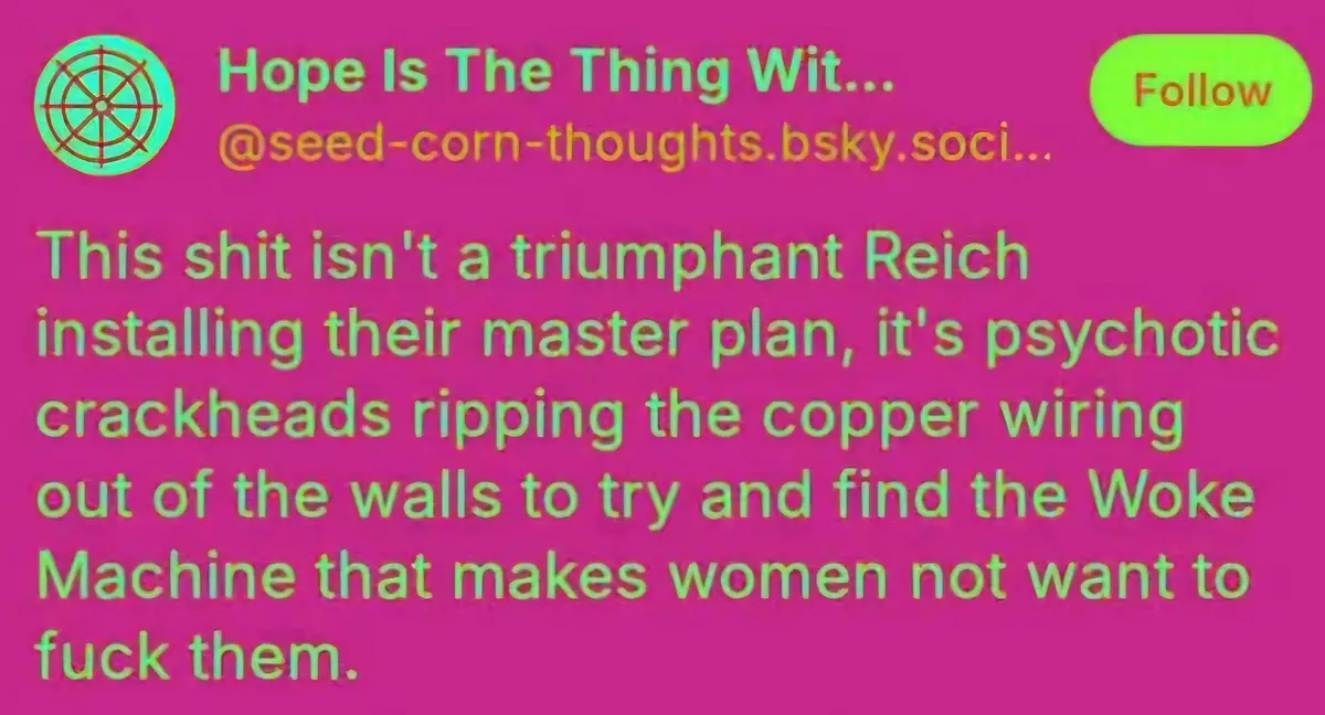 A screenshot of a social media post with a bright pink background, a green 'Follow' button, and a circular profile icon. The…