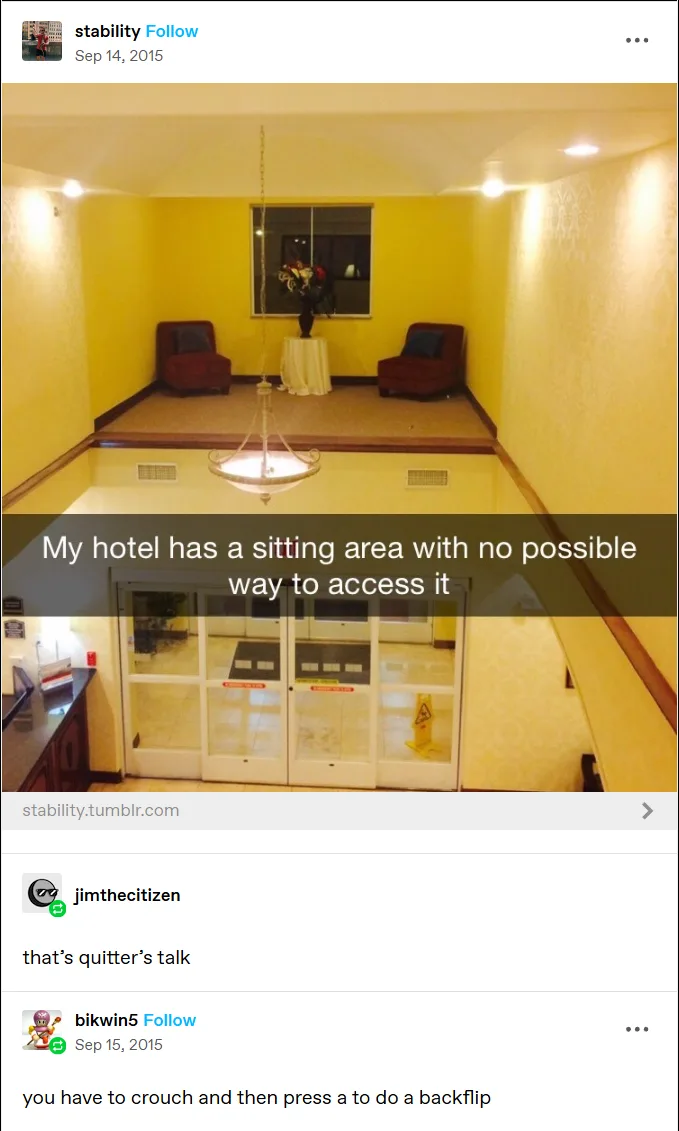 An overhead photo of a hotel lobby shows a raised platform with two red armchairs and a table, accessible only by a glass…