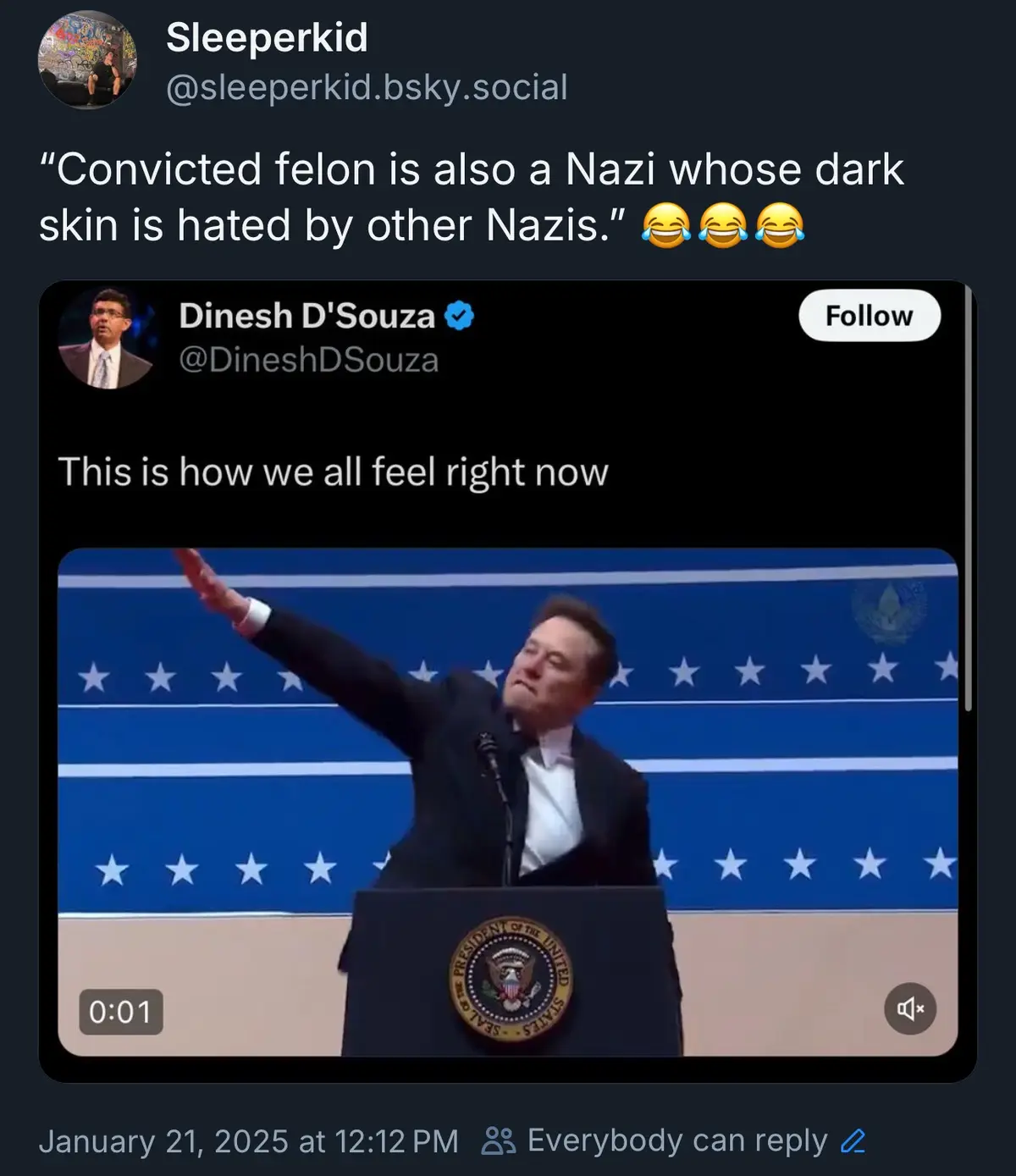 A screenshot of a social media post showing a tweet from Dinesh D'Souza that reads 'This is how we all feel right now,'…